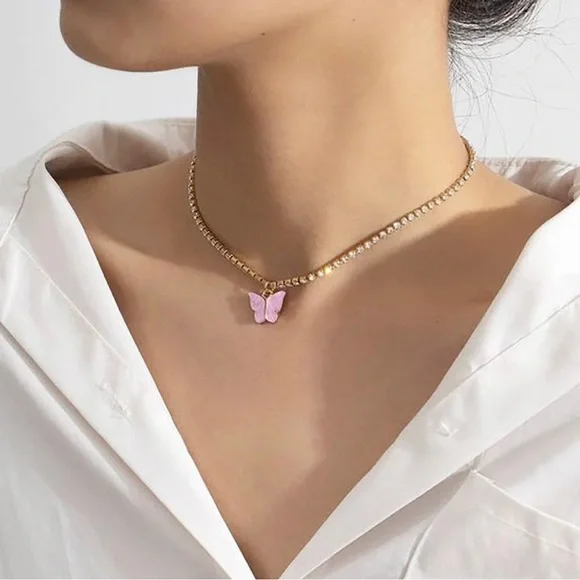 New bohemian simple pink butterfly charm with cz necklace - Picture 2 of 3